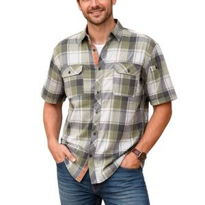 Hawx Work Gear Large Green Gray Plaid Short Sleeve Cotton Button Front Shirt